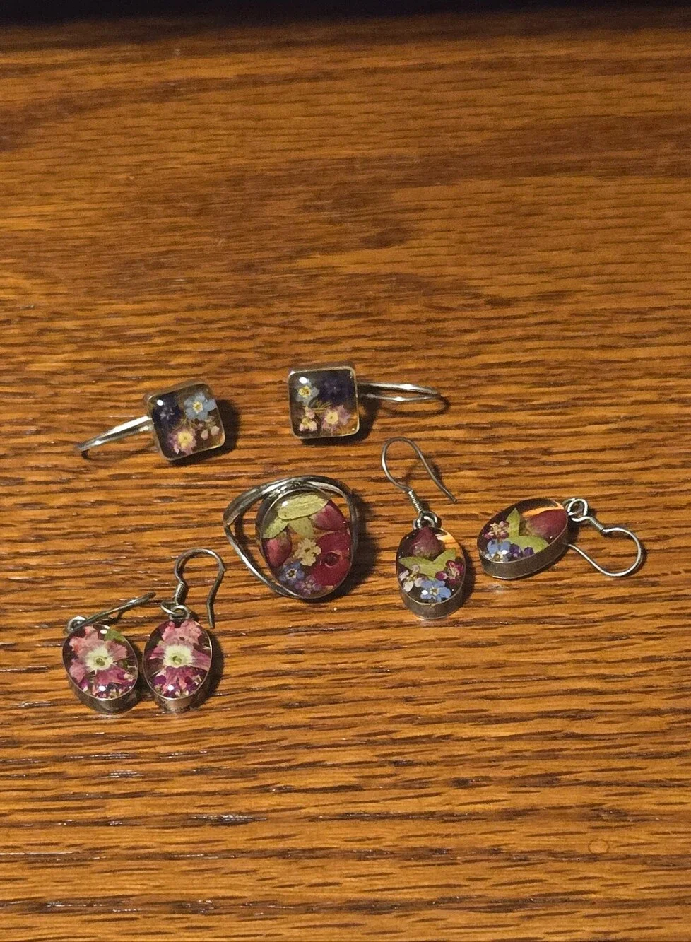 Vintage Sterling Silver Floral Resin Jewelry Set- Ring And 3 Earring Sets